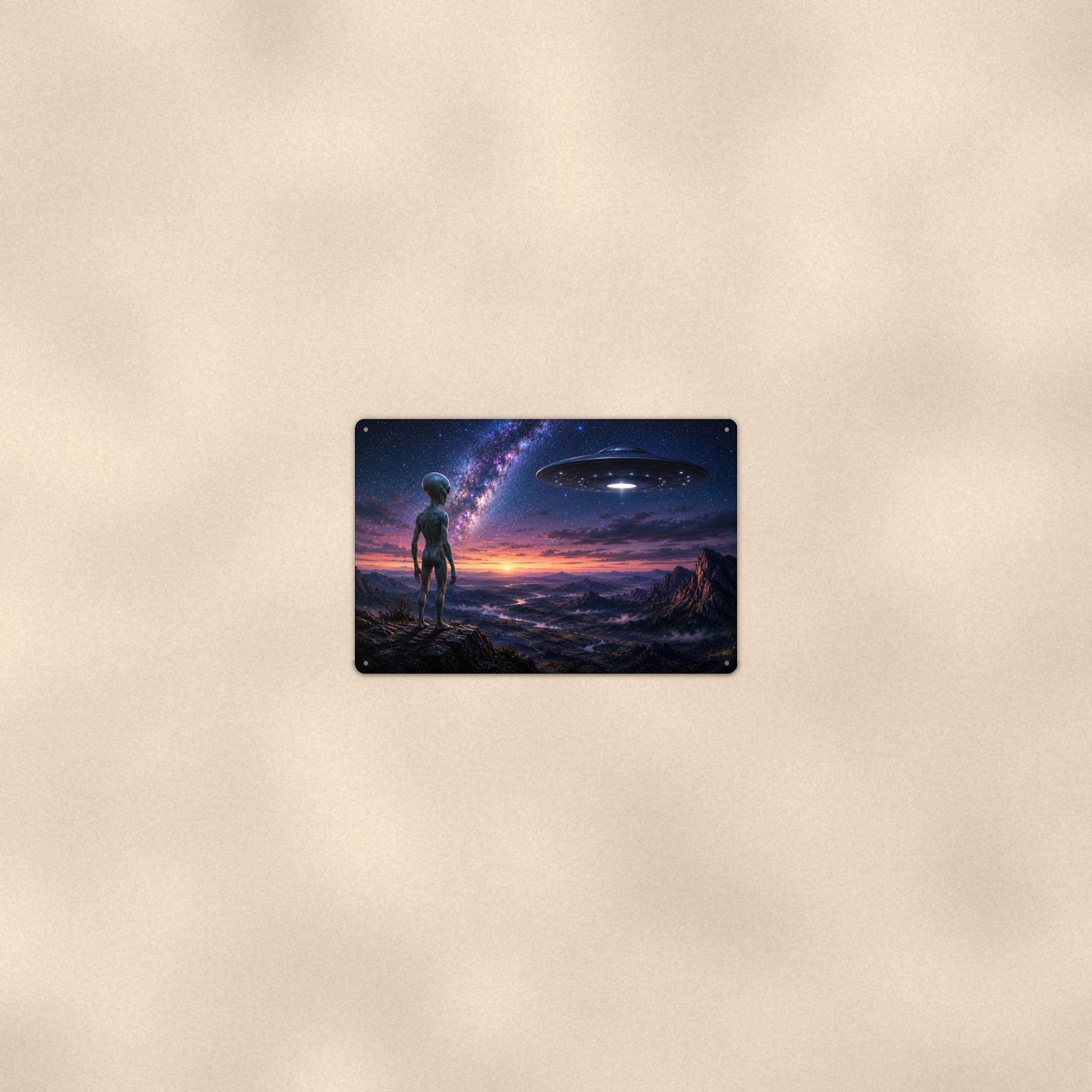Alien Desert Traveler Metal Wall Art, UFO Aluminum Sign, Cosmic Landscape Decor, Sci Fi Gift