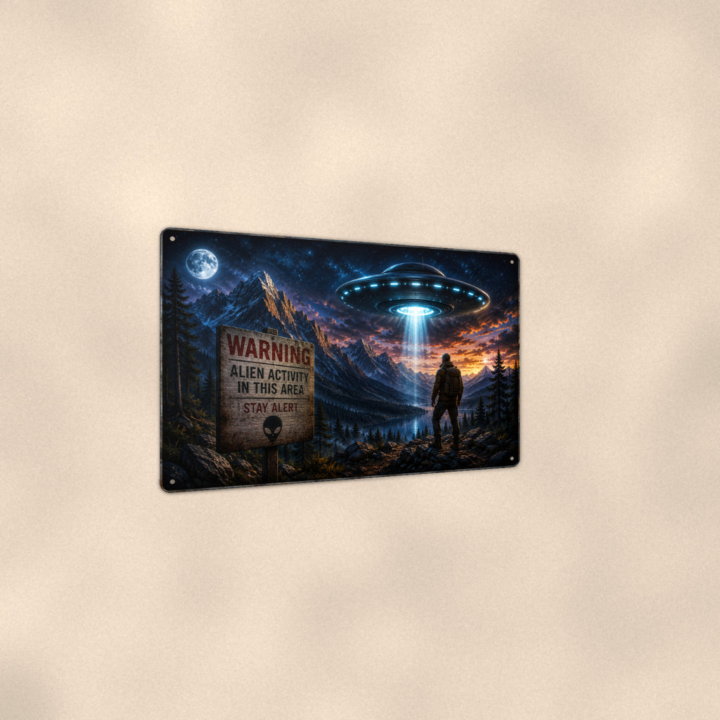 Campground UFO Warning Metal Wall Art, Alien Aluminum Sign, Funny Camping Decor, Space Gift