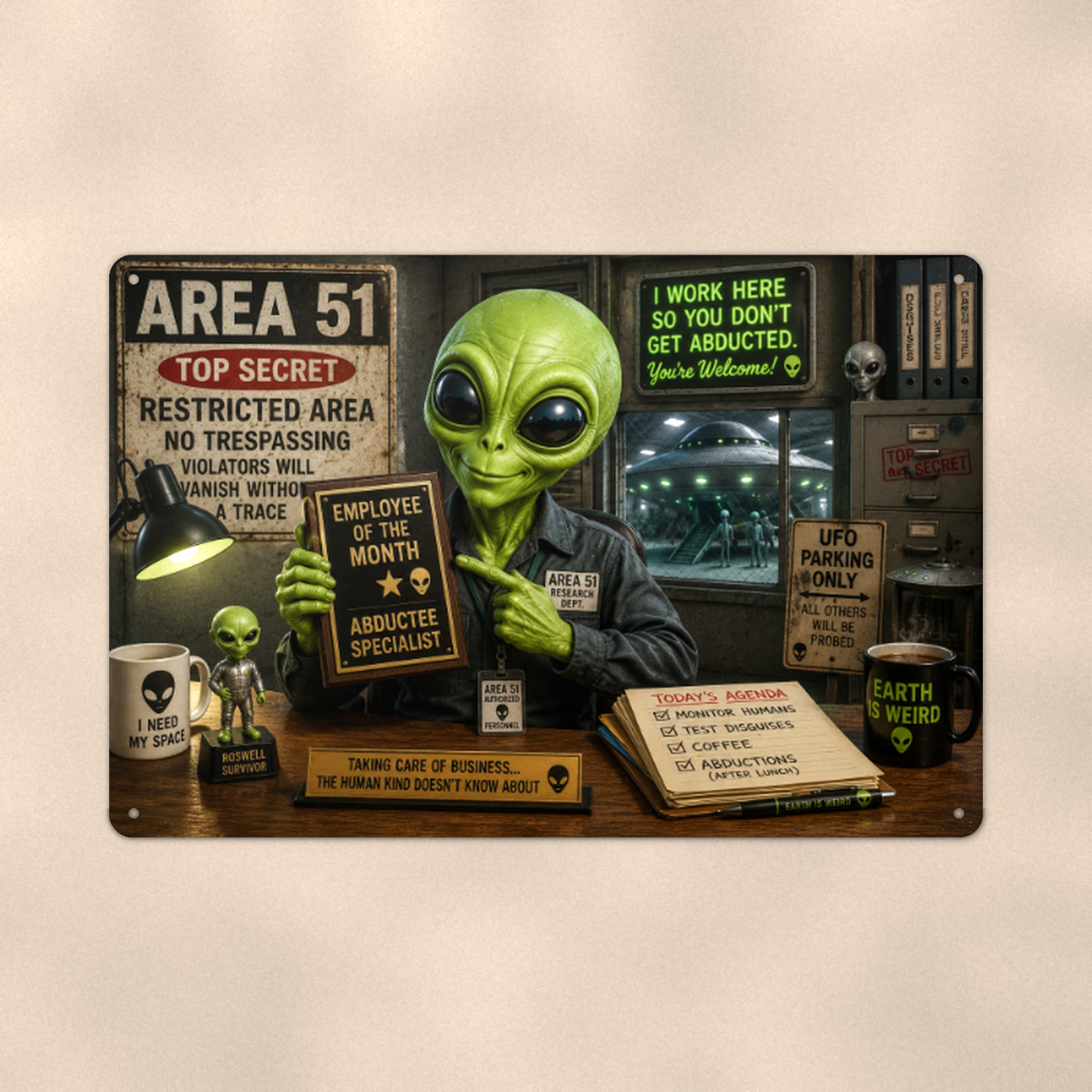 Area 51 Tourist Office Metal Wall Art, Funny Alien Aluminum Sign, UFO Room Decor, Sci Fi Gift