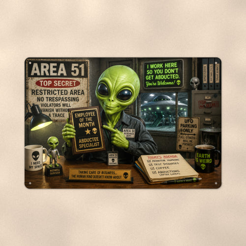 Area 51 Tourist Office Metal Wall Art, Funny Alien Aluminum Sign, UFO Room Decor, Sci Fi Gift