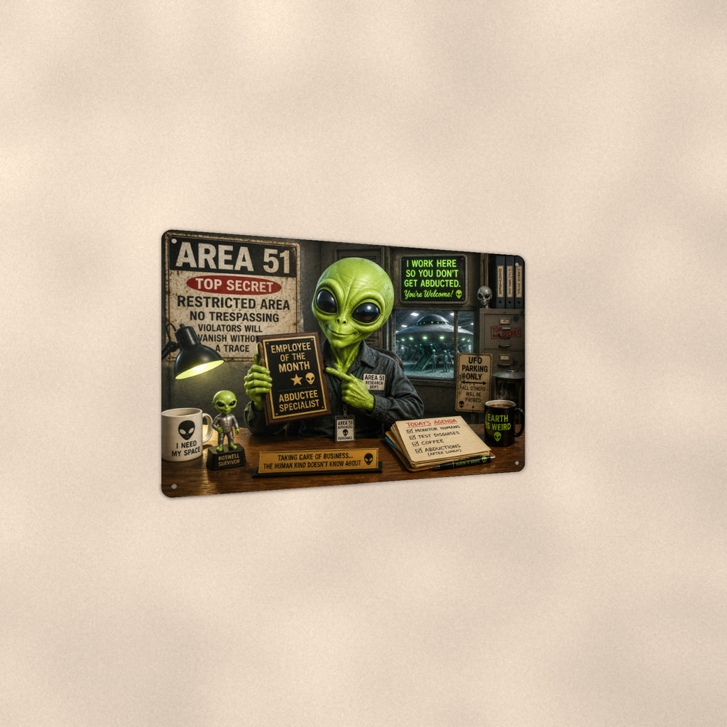 Area 51 Tourist Office Metal Wall Art, Funny Alien Aluminum Sign, UFO Room Decor, Sci Fi Gift