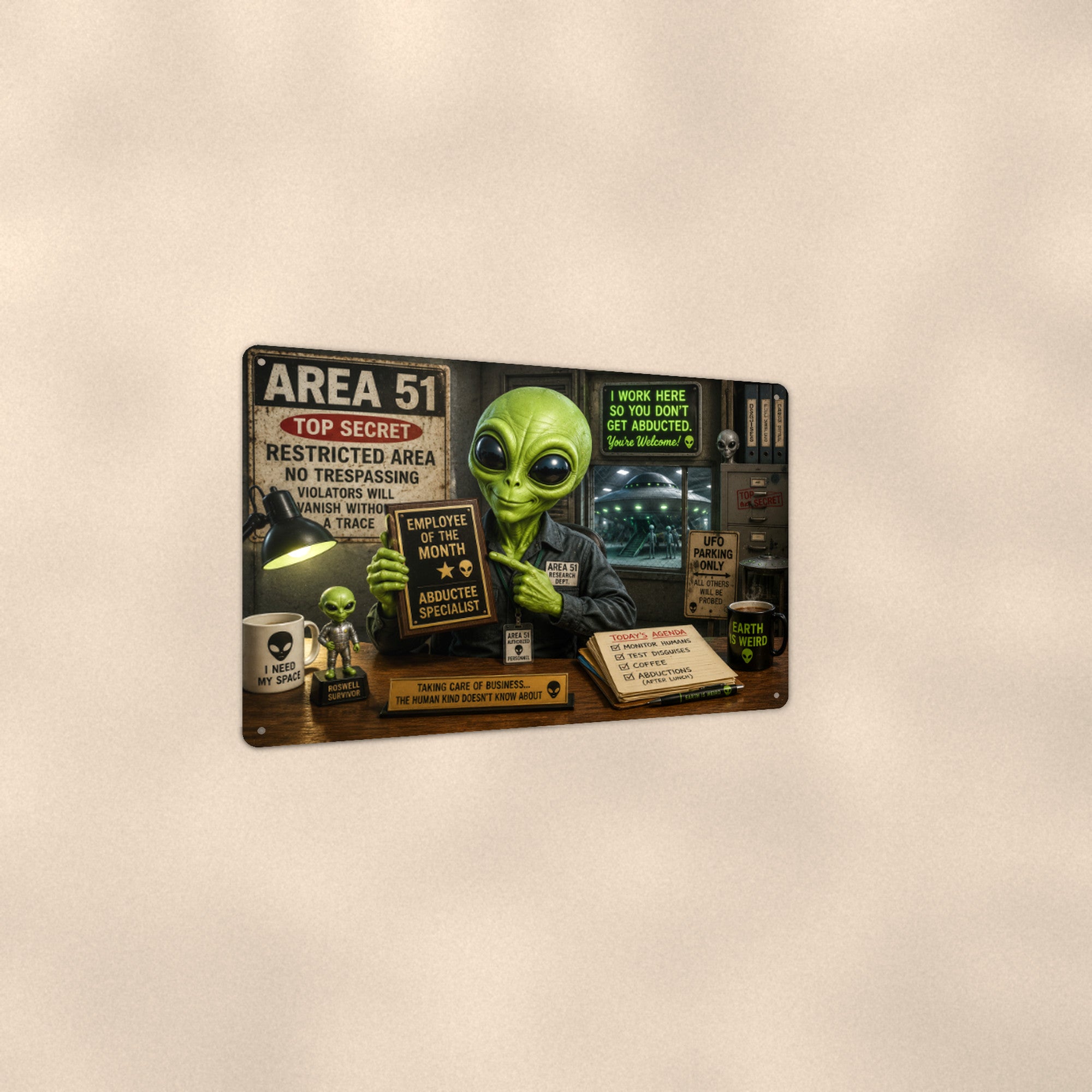 Area 51 Tourist Office Metal Wall Art, Funny Alien Aluminum Sign, UFO Room Decor, Sci Fi Gift