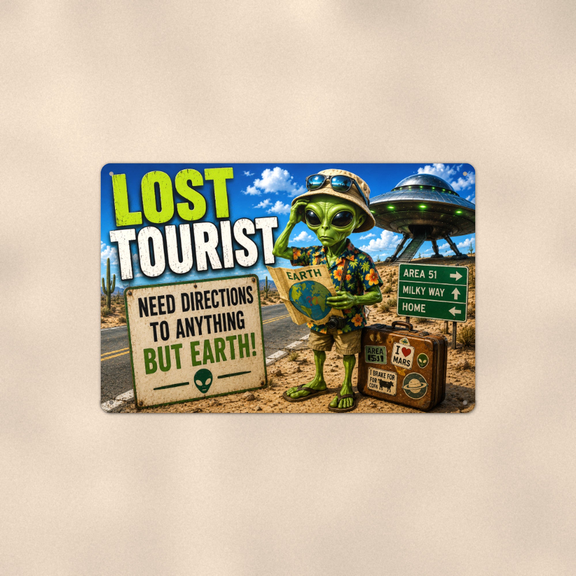 Lost Tourist Alien Metal Wall Art, Funny UFO Aluminum Sign, Road Trip Sci Fi Decor Gift