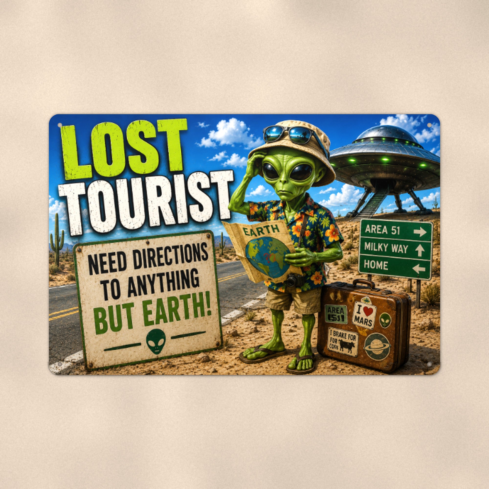 Lost Tourist Alien Metal Wall Art, Funny UFO Aluminum Sign, Road Trip Sci Fi Decor Gift