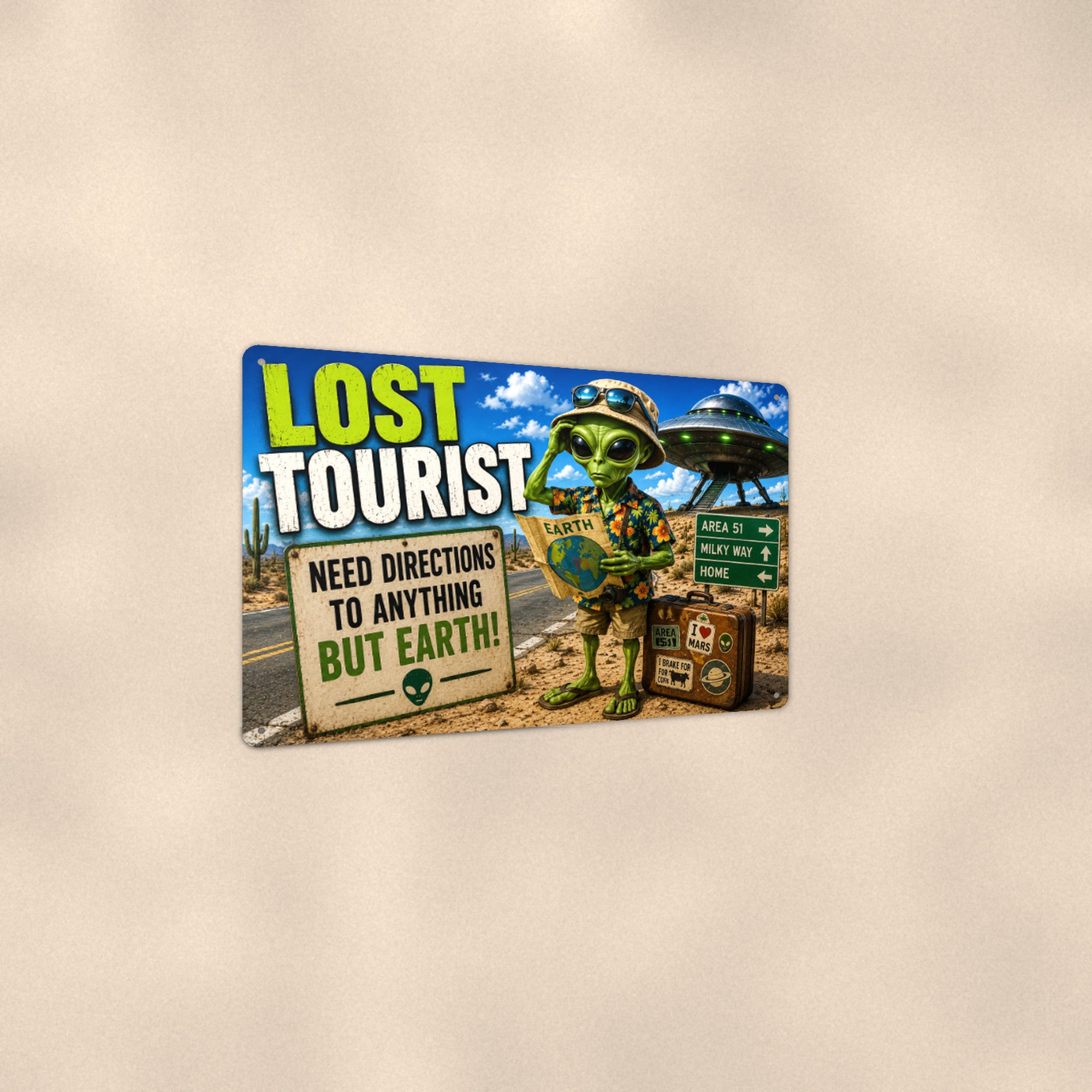 Lost Tourist Alien Metal Wall Art, Funny UFO Aluminum Sign, Road Trip Sci Fi Decor Gift