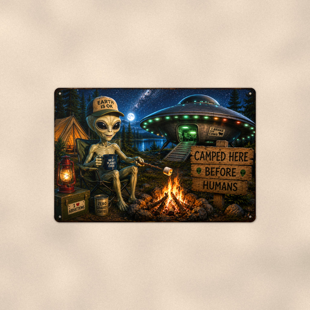 Alien Campfire Welcome Metal Wall Art, UFO Aluminum Sign, Funny Camping Sci Fi Decor Gift