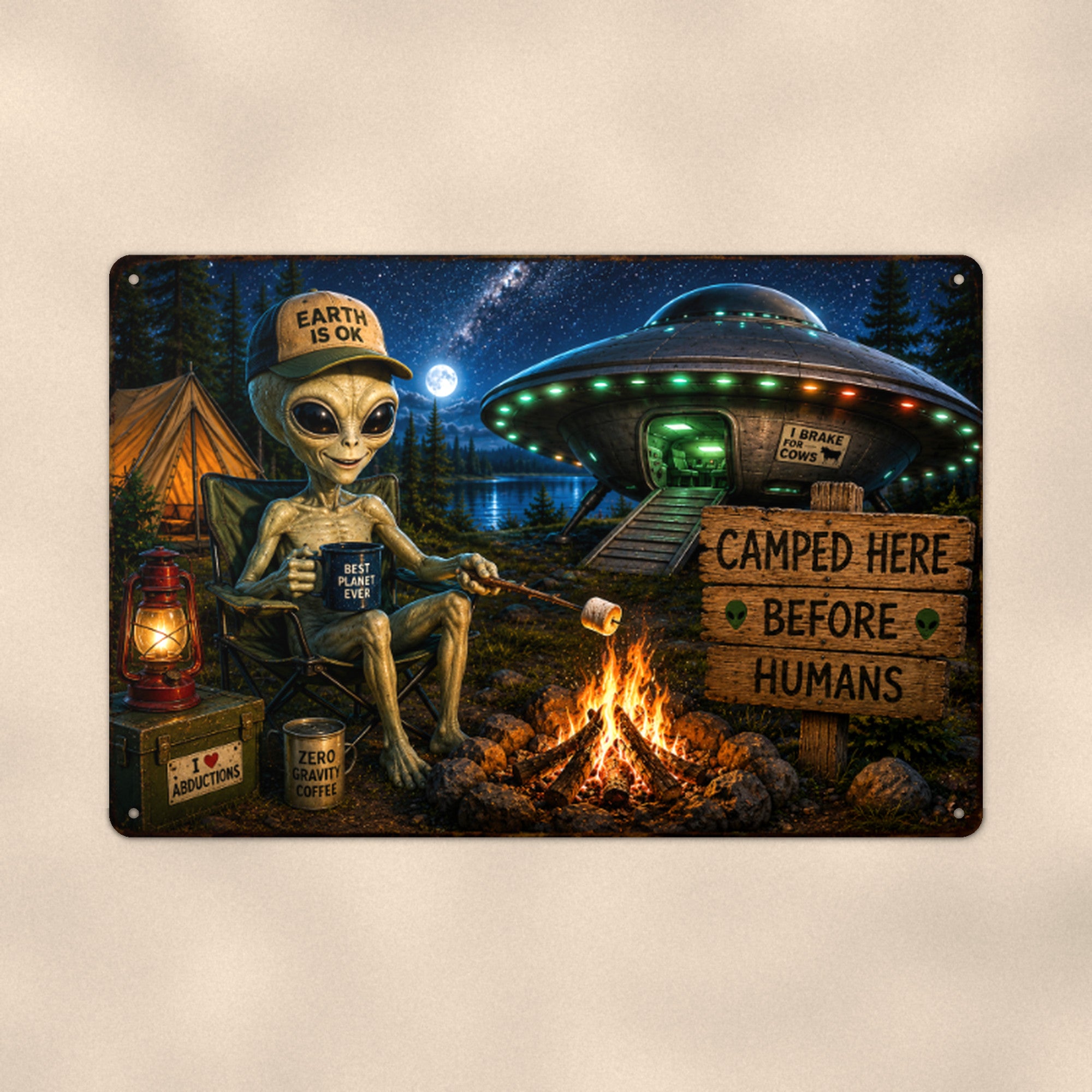 Alien Campfire Welcome Metal Wall Art, UFO Aluminum Sign, Funny Camping Sci Fi Decor Gift