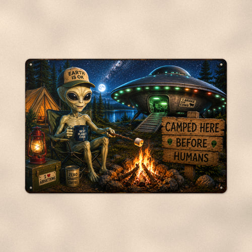Alien Campfire Welcome Metal Wall Art, UFO Aluminum Sign, Funny Camping Sci Fi Decor Gift