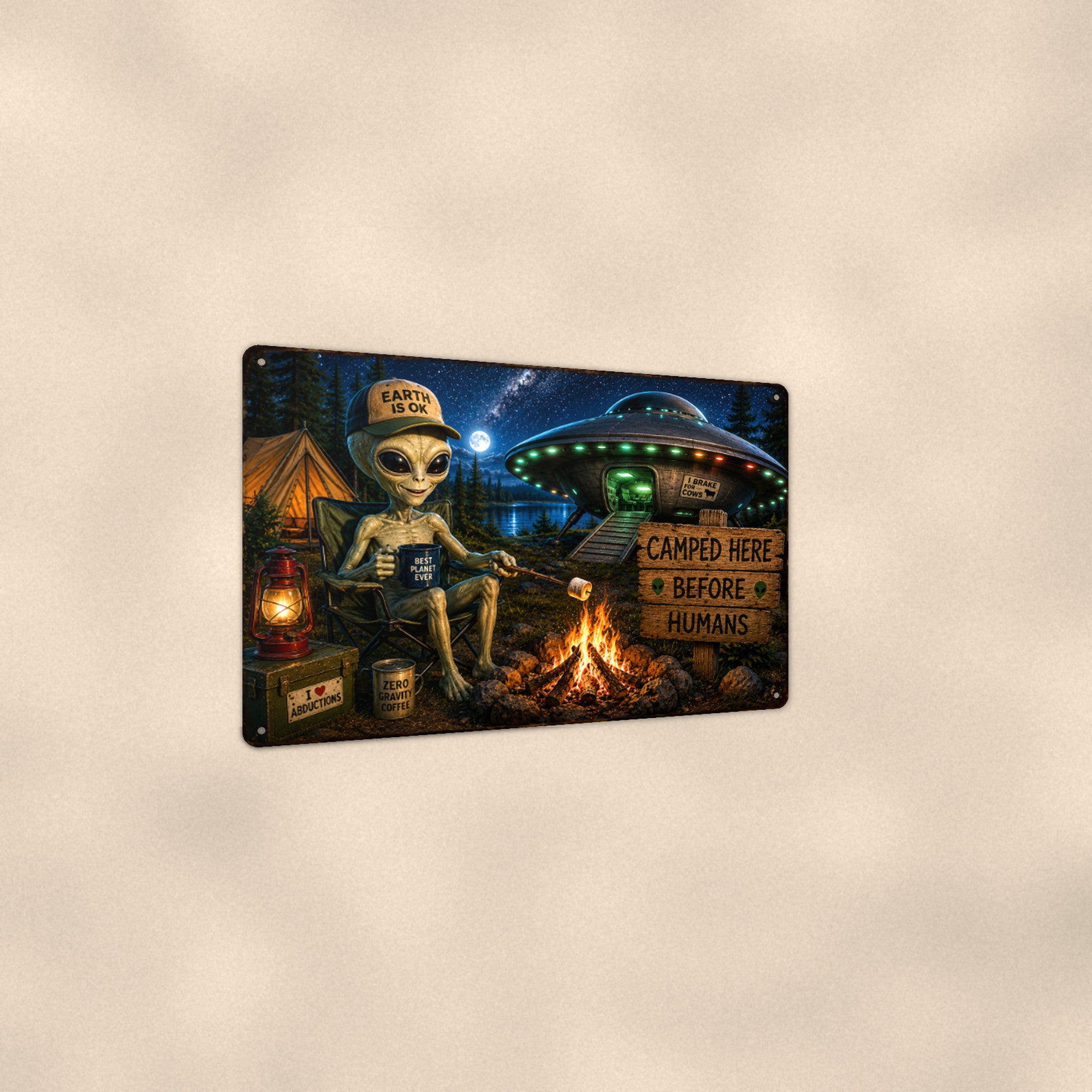 Alien Campfire Welcome Metal Wall Art, UFO Aluminum Sign, Funny Camping Sci Fi Decor Gift