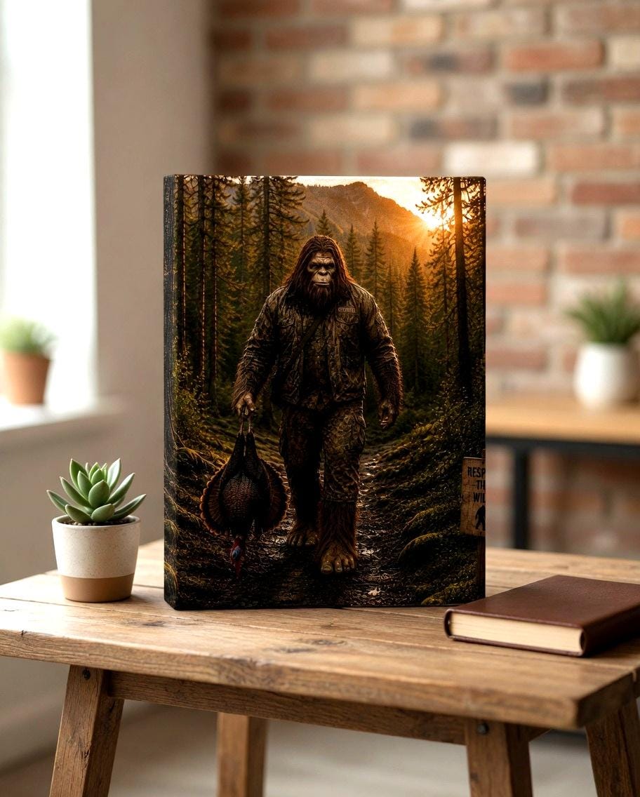 Turkey Hunting Bigfoot Canvas Print Canvas Print — shown on a rustic wall