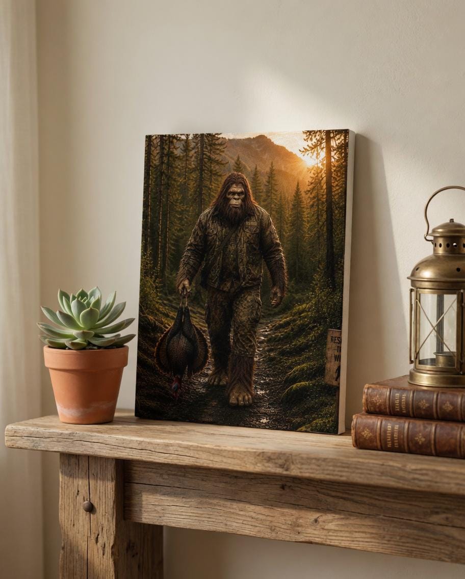 Turkey Hunting Bigfoot Canvas Print Canvas Print — lifestyle setting