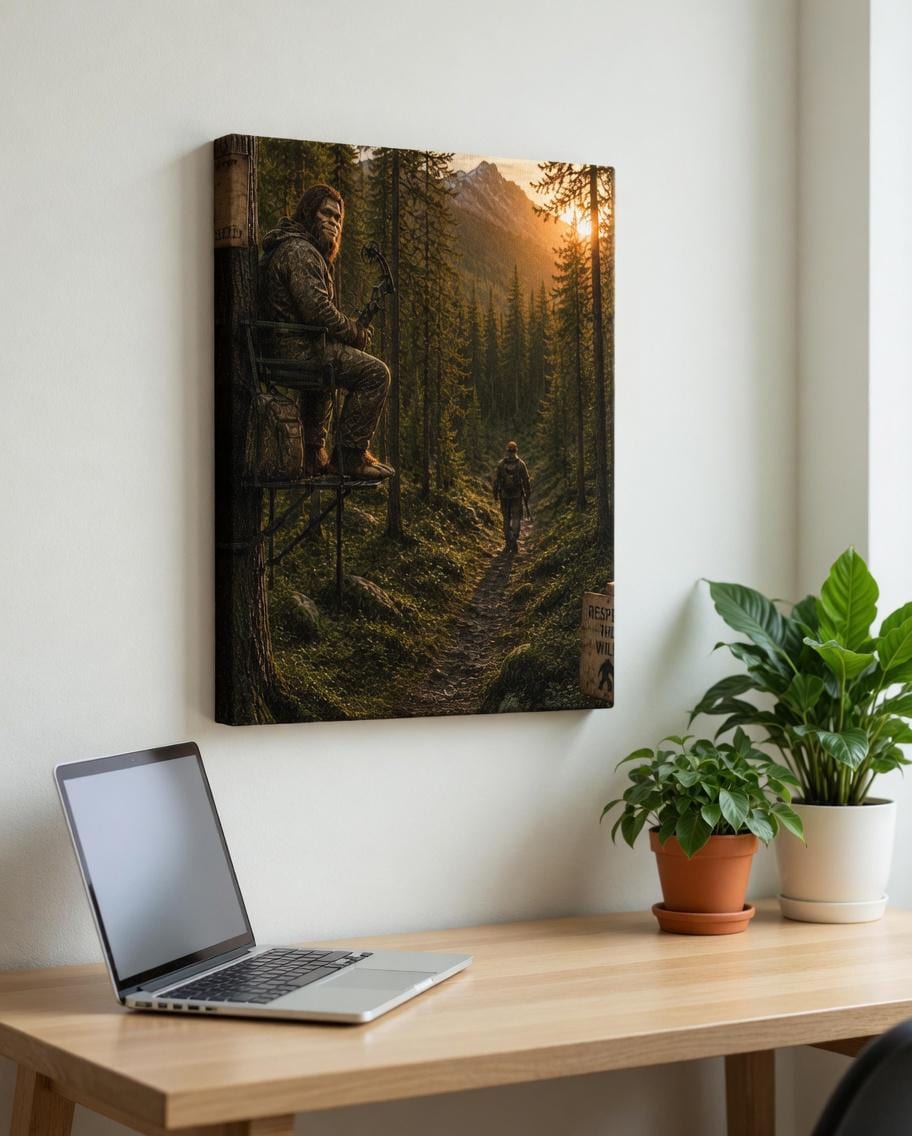 Tree Stand Bigfoot Canvas Print Canvas Print — shown on a rustic wall