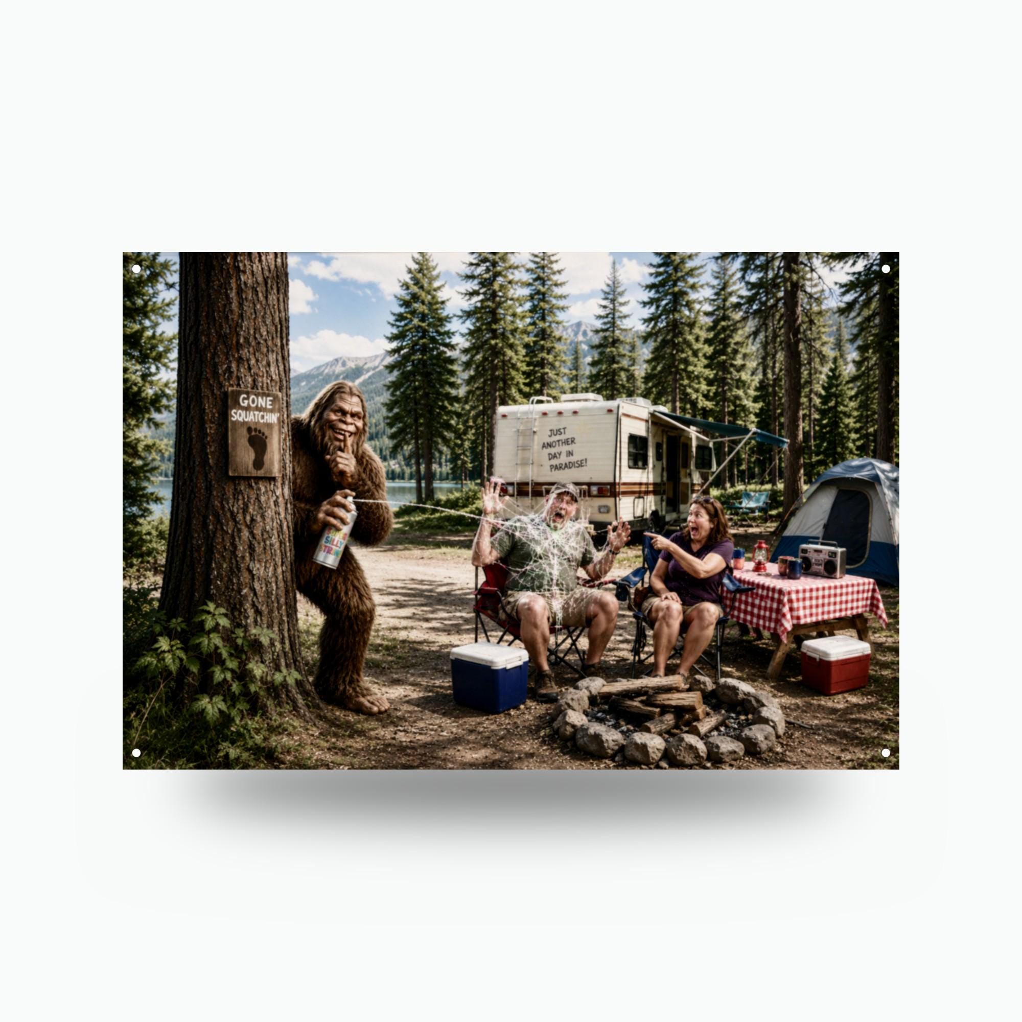 Campsite Photobomb Bigfoot Metal Sign Bigfoot Aluminum Sign — front view on white background