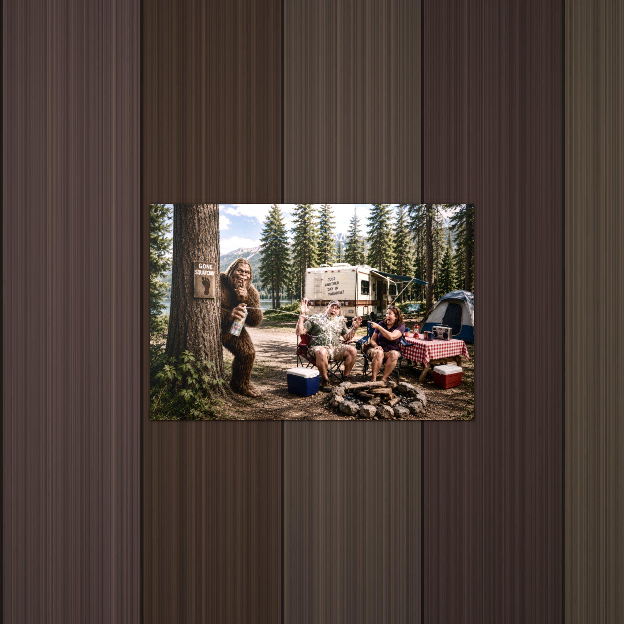 Campsite Photobomb Bigfoot Metal Sign Bigfoot Aluminum Sign — lifestyle setting