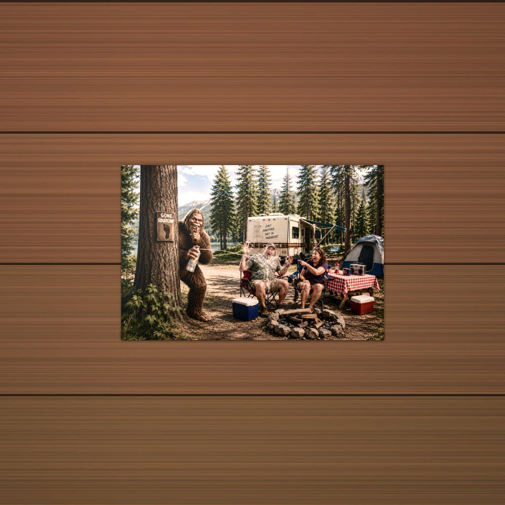 Campsite Photobomb Bigfoot Metal Sign Bigfoot Aluminum Sign — detail view