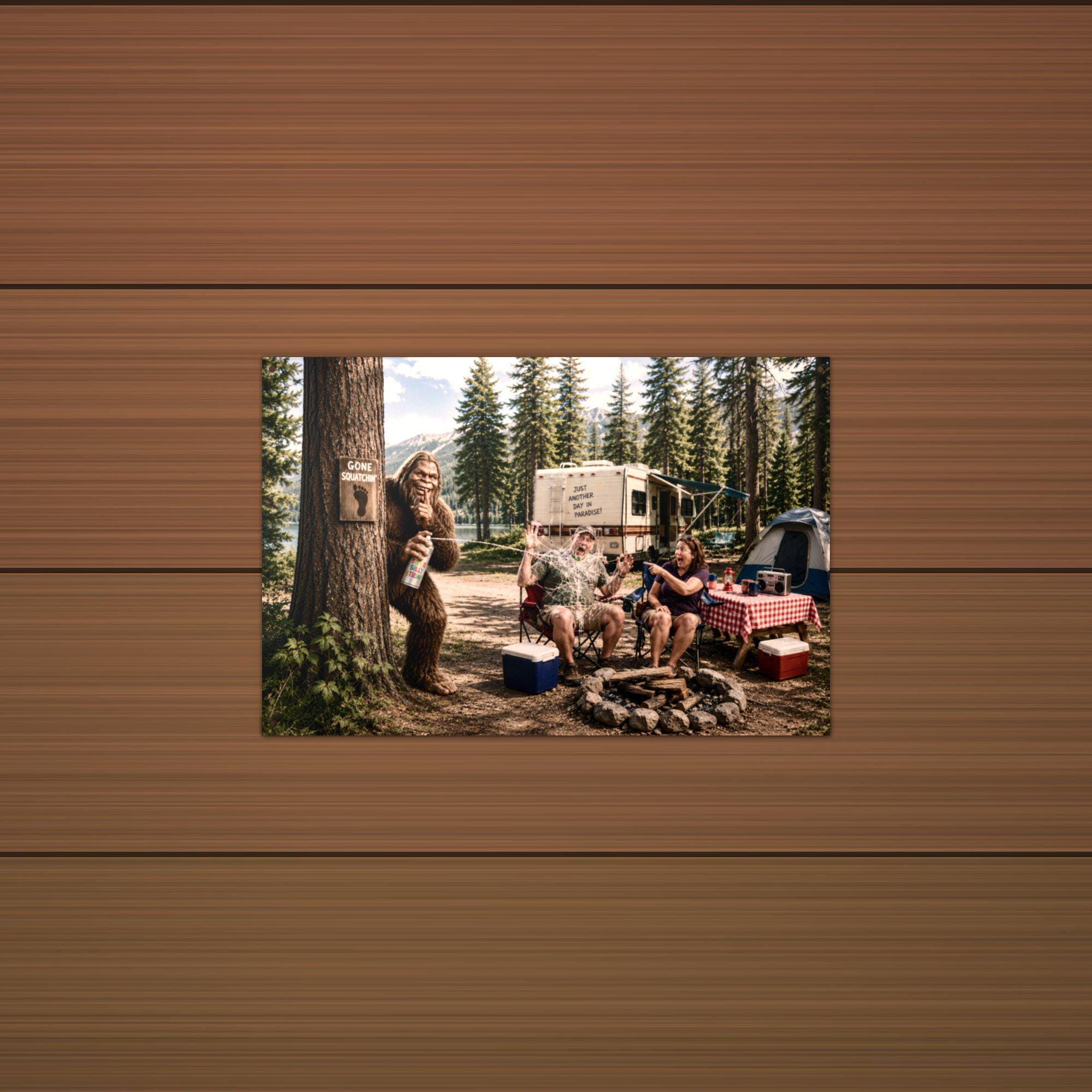 Campsite Photobomb Bigfoot Metal Sign Bigfoot Aluminum Sign — detail view