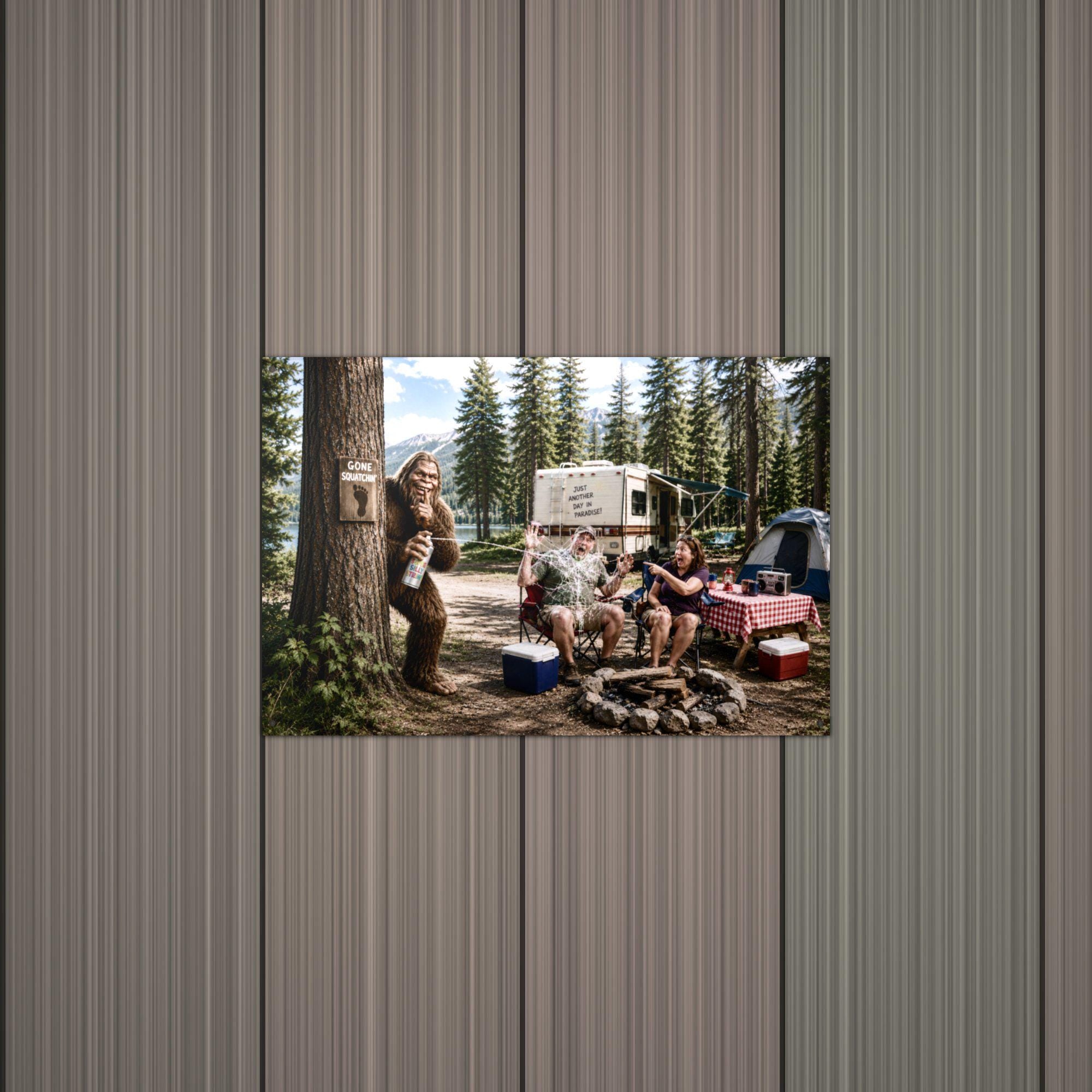 Campsite Photobomb Bigfoot Metal Sign Bigfoot Aluminum Sign — alternate angle