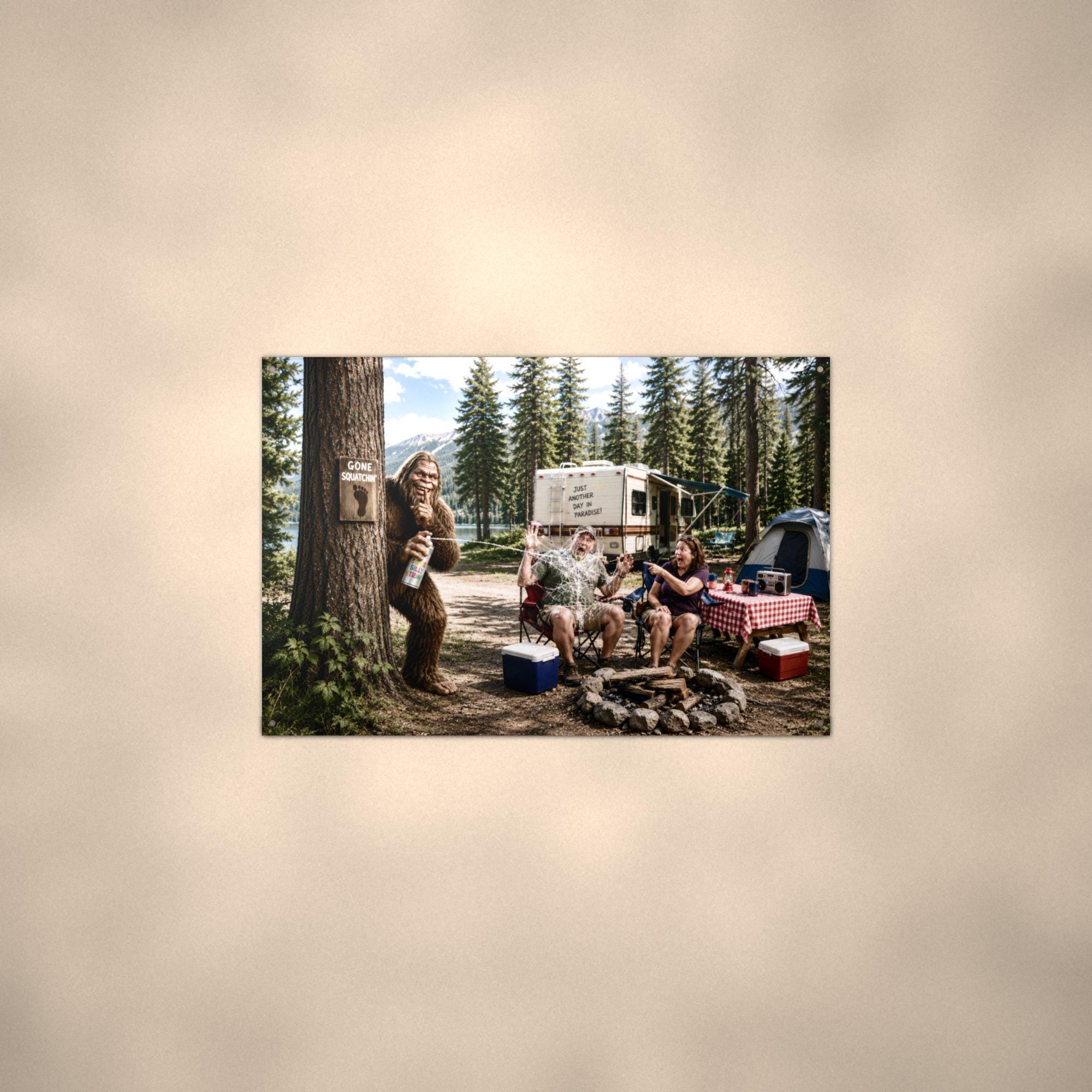 Campsite Photobomb Bigfoot Metal Sign Bigfoot Aluminum Sign — alternate angle