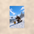 Snowboard Bigfoot on a sublimated 8 x 12 in aluminum sign, shown whole against a plain wall — wall decor, handmade gift.