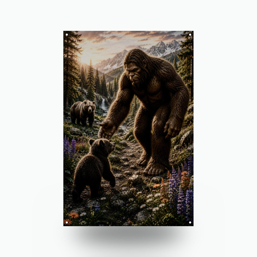 Bear Cub Buddies Bigfoot Metal Sign Bigfoot Aluminum Sign — front view on white background