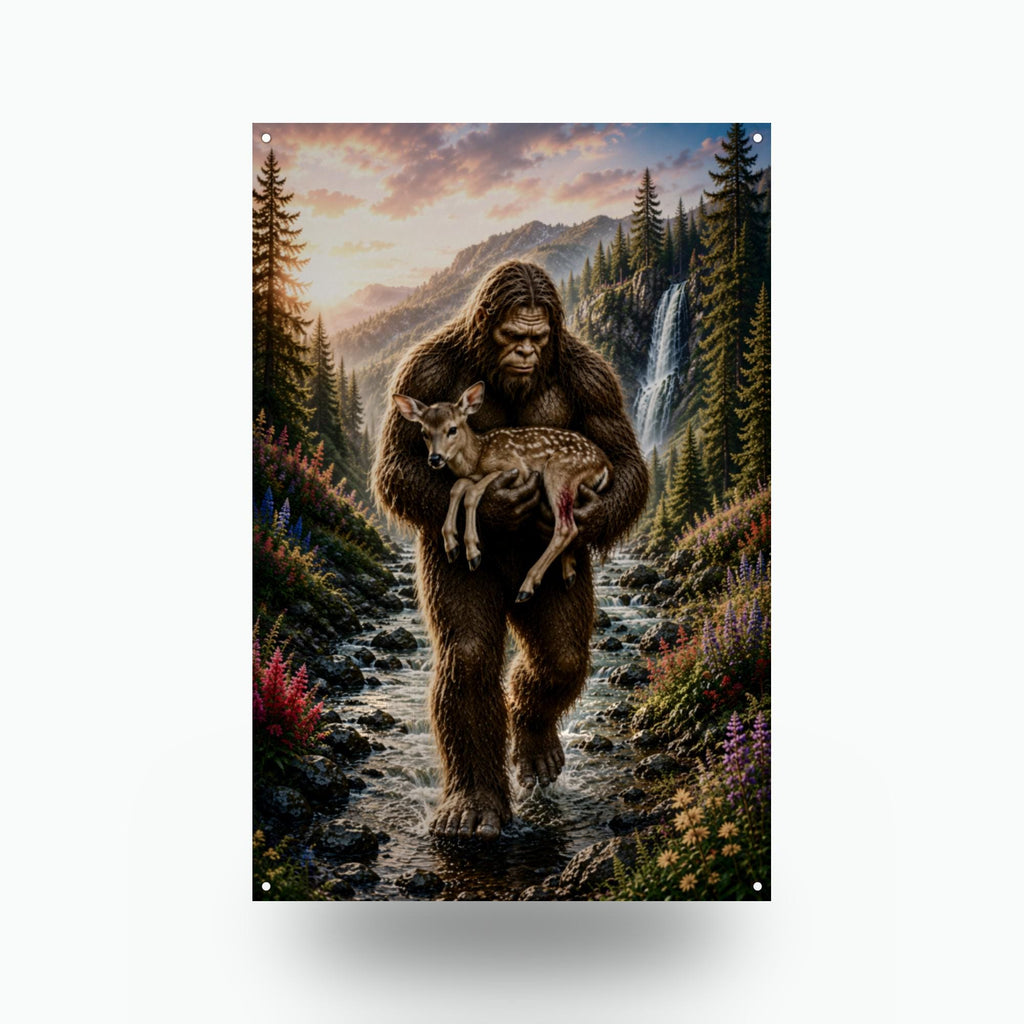Fawn Rescue Bigfoot Metal Sign Bigfoot Aluminum Sign — front view on white background