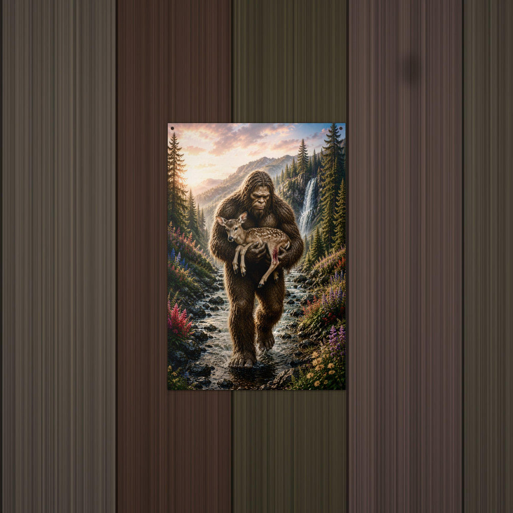 Fawn Rescue Bigfoot Metal Sign Bigfoot Aluminum Sign — lifestyle setting