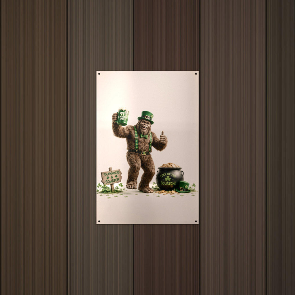 St. Patrick's Bigfoot Metal Sign Bigfoot Aluminum Sign — lifestyle setting