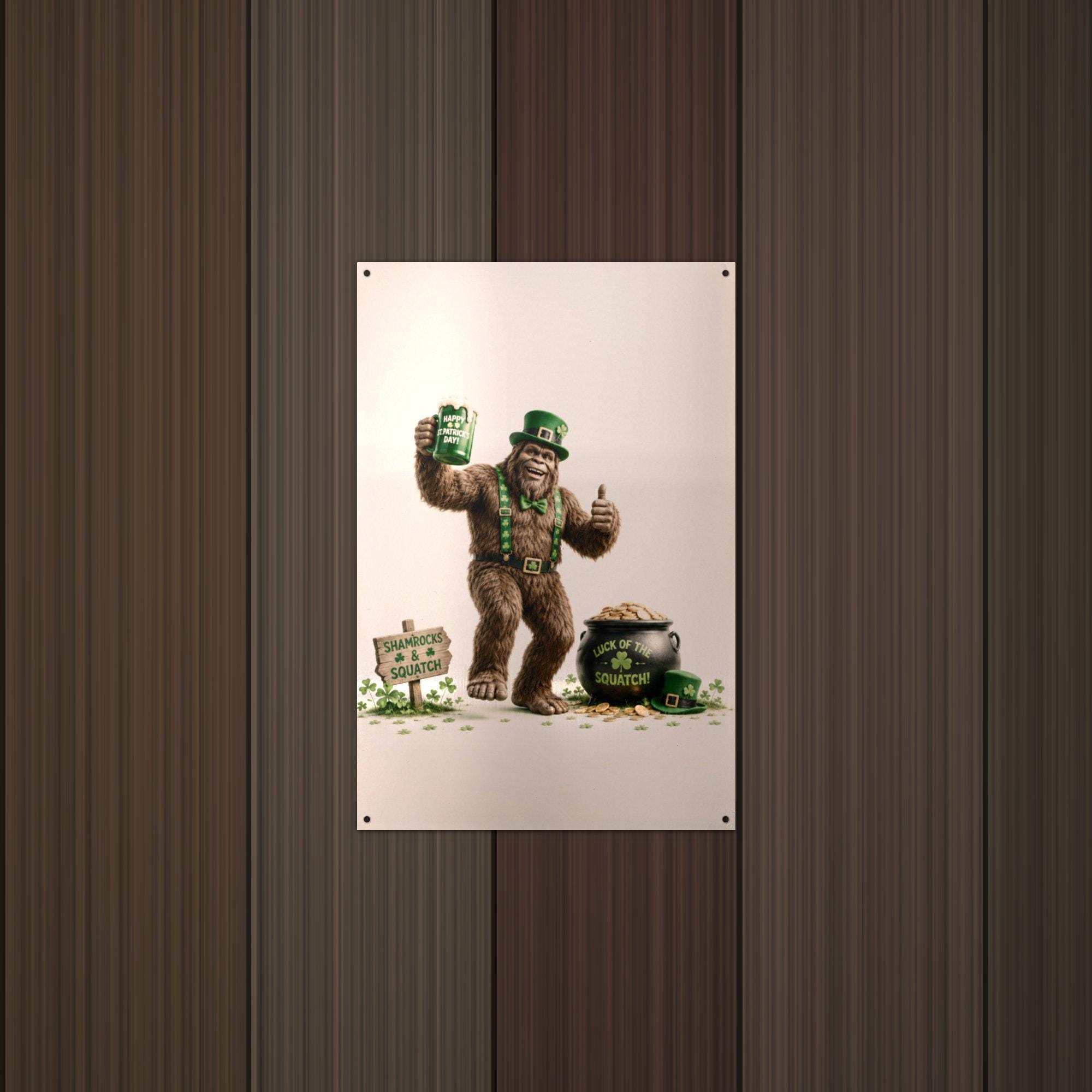 St. Patrick's Bigfoot Metal Sign Bigfoot Aluminum Sign — lifestyle setting