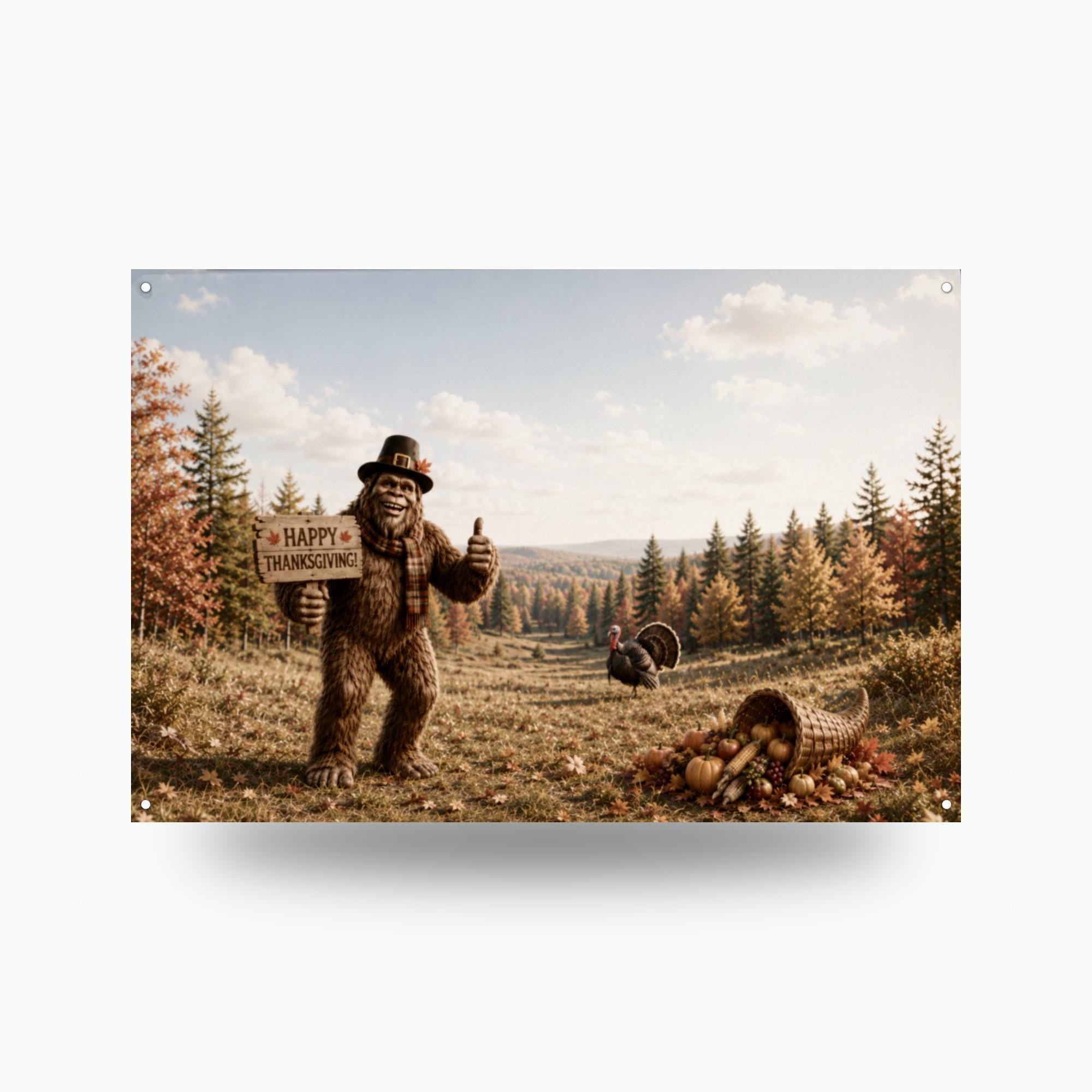 Thanksgiving Bigfoot Metal Sign Bigfoot Aluminum Sign — front view on white background