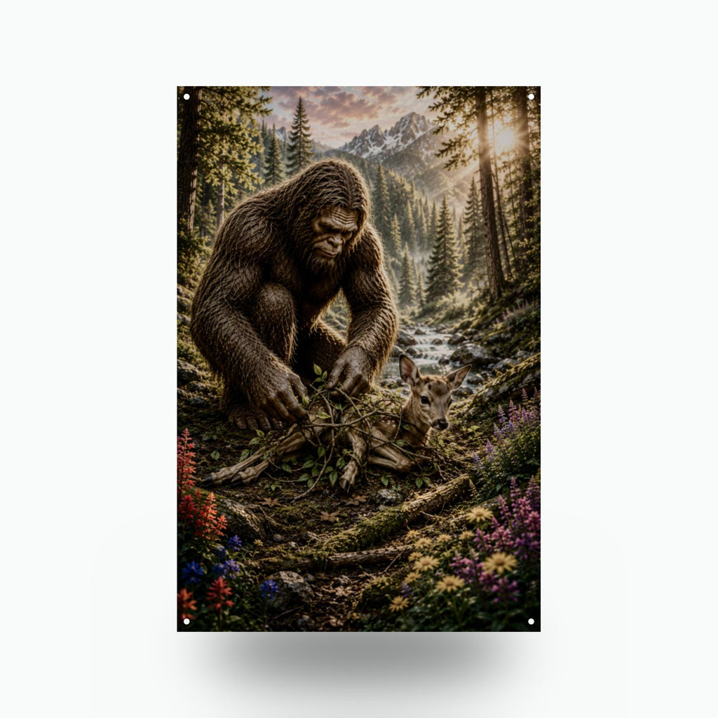Bigfoot Rescues Fawn Metal Sign Bigfoot Aluminum Sign — front view on white background