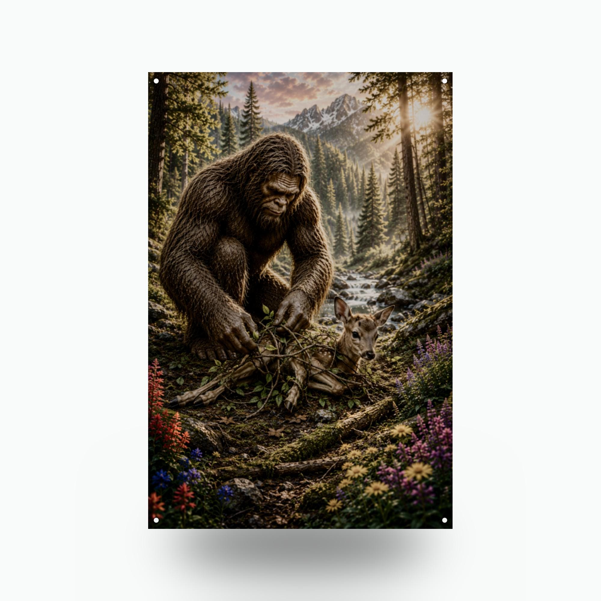 Bigfoot Rescues Fawn Metal Sign Bigfoot Aluminum Sign — front view on white background