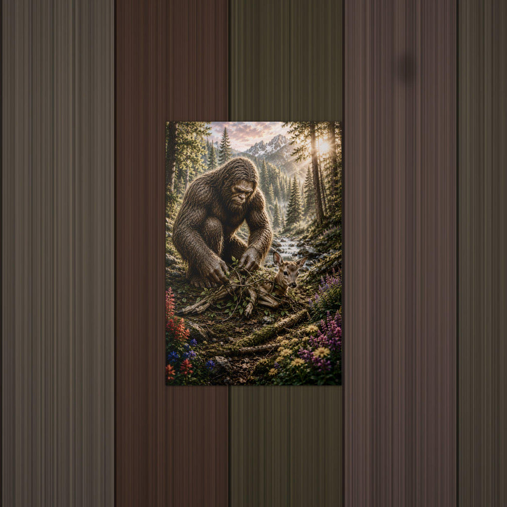 Bigfoot Rescues Fawn Metal Sign Bigfoot Aluminum Sign — lifestyle setting