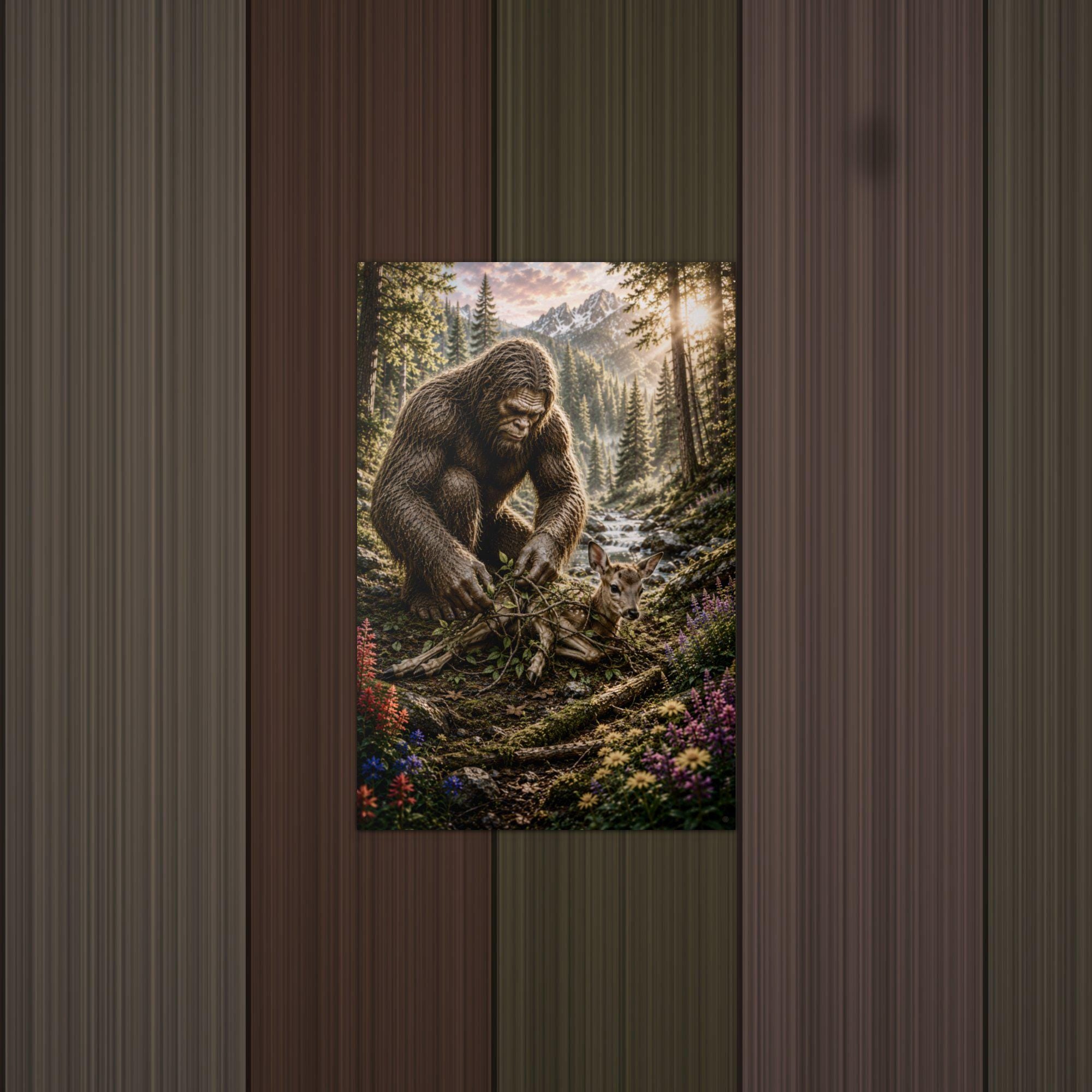 Bigfoot Rescues Fawn Metal Sign Bigfoot Aluminum Sign — lifestyle setting