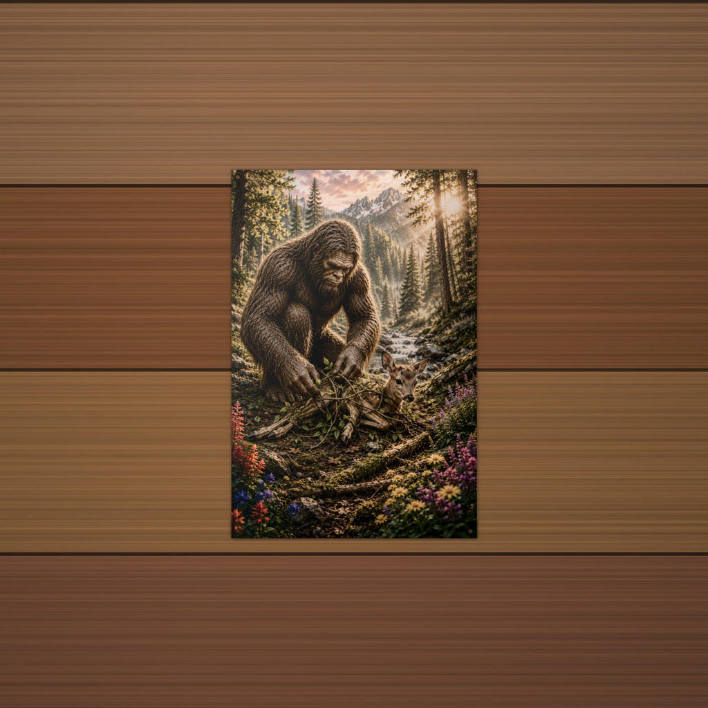 Bigfoot Rescues Fawn Metal Sign Bigfoot Aluminum Sign — detail view