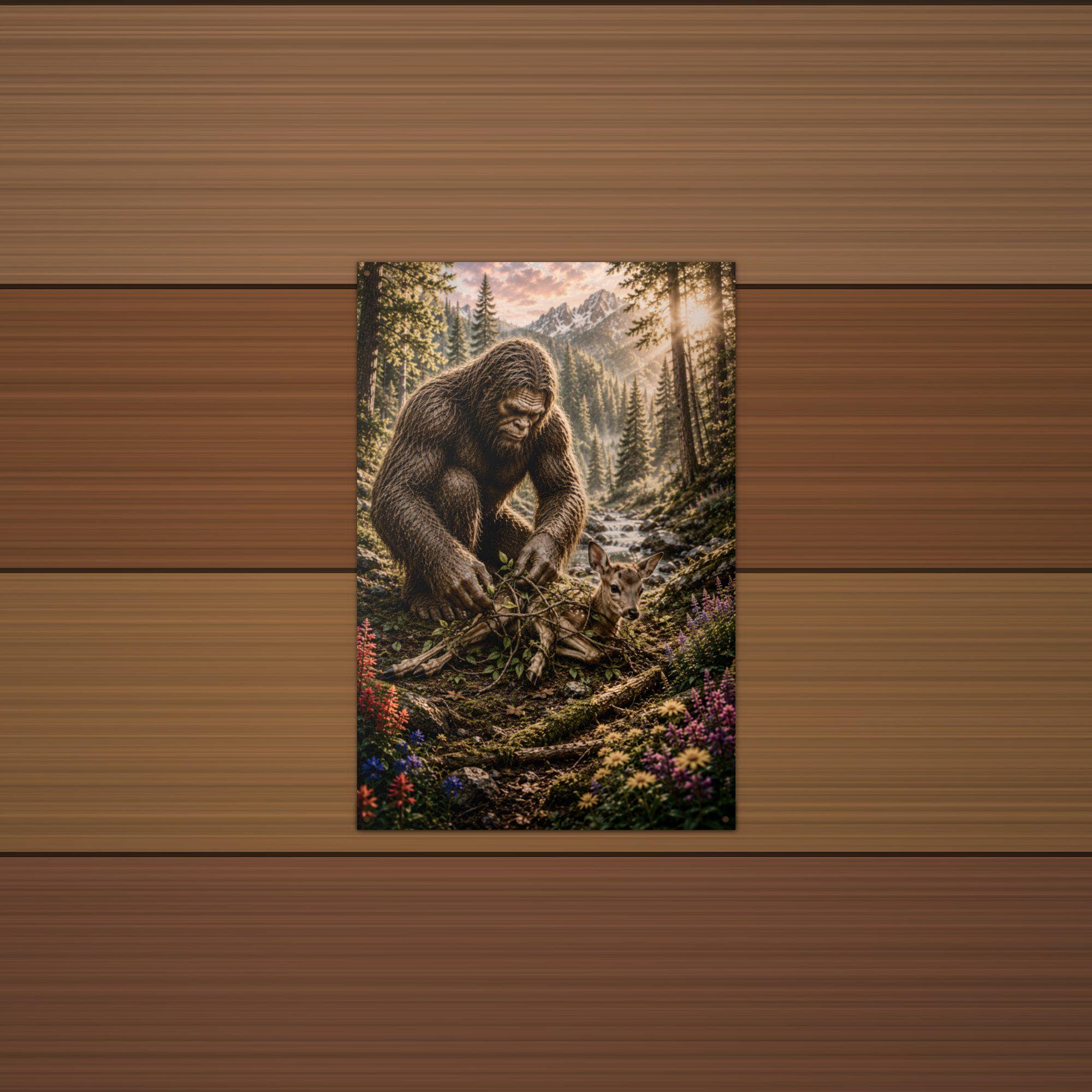 Bigfoot Rescues Fawn Metal Sign Bigfoot Aluminum Sign — detail view