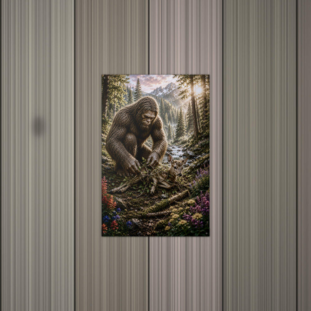 Bigfoot Rescues Fawn Metal Sign Bigfoot Aluminum Sign — alternate angle