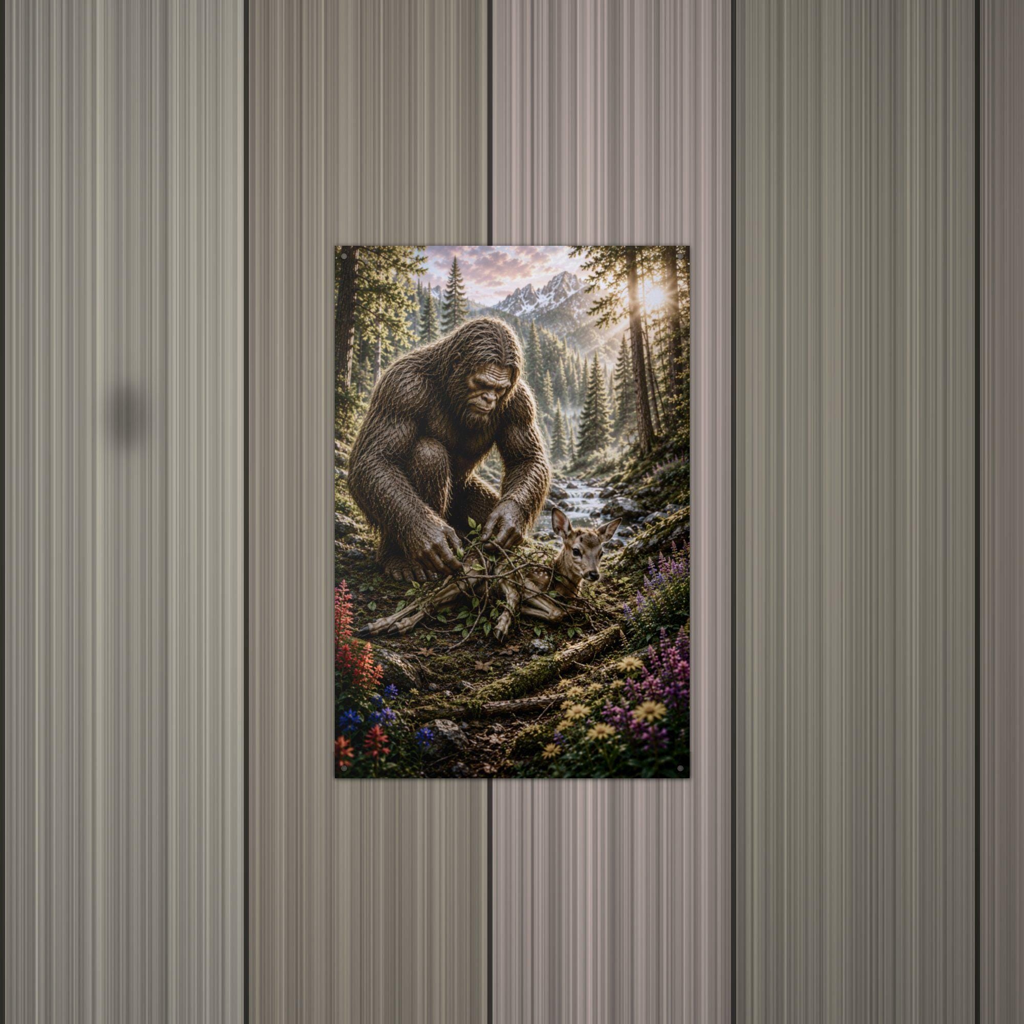 Bigfoot Rescues Fawn Metal Sign Bigfoot Aluminum Sign — alternate angle