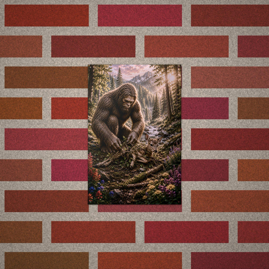 Bigfoot Rescues Fawn Metal Sign Bigfoot Aluminum Sign — alternate angle