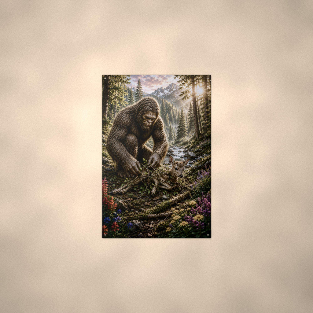 Bigfoot Rescues Fawn Metal Sign Bigfoot Aluminum Sign — alternate angle