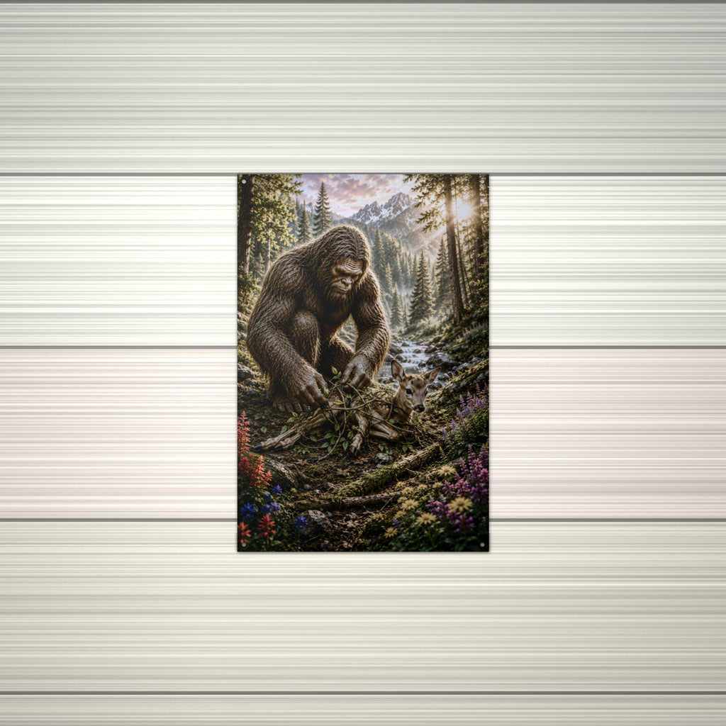 Bigfoot Rescues Fawn Metal Sign Bigfoot Aluminum Sign — alternate angle