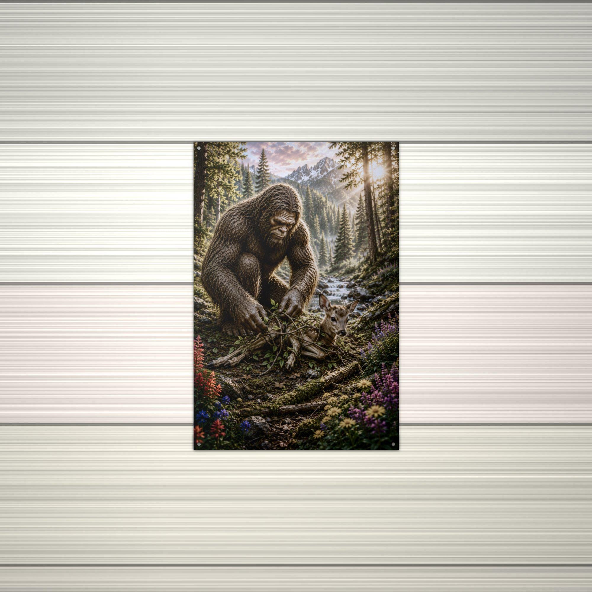 Bigfoot Rescues Fawn Metal Sign Bigfoot Aluminum Sign — alternate angle