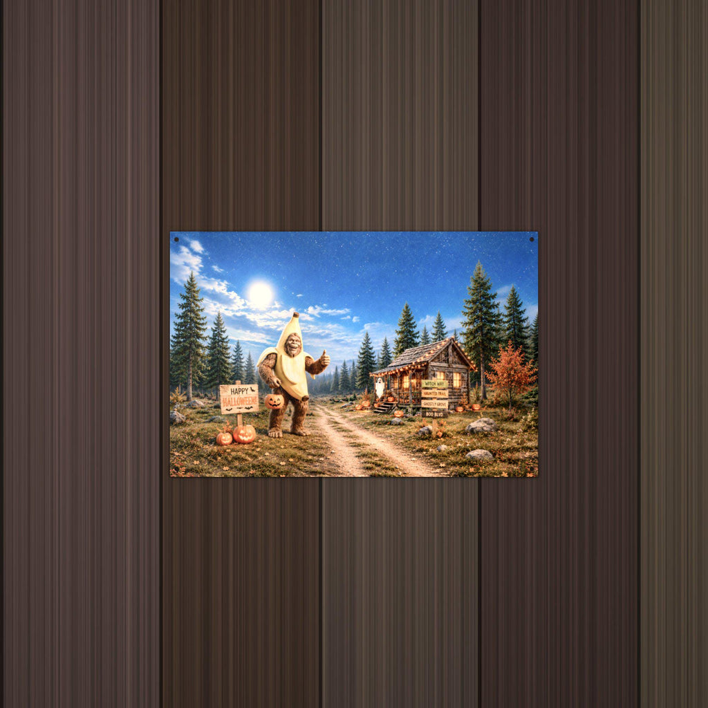 Halloween Bigfoot Metal Sign Bigfoot Aluminum Sign — lifestyle setting