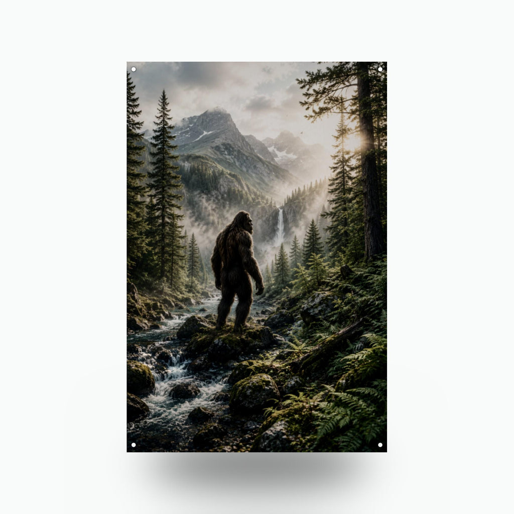 Waterfall Valley Bigfoot Metal Sign Bigfoot Aluminum Sign — front view on white background