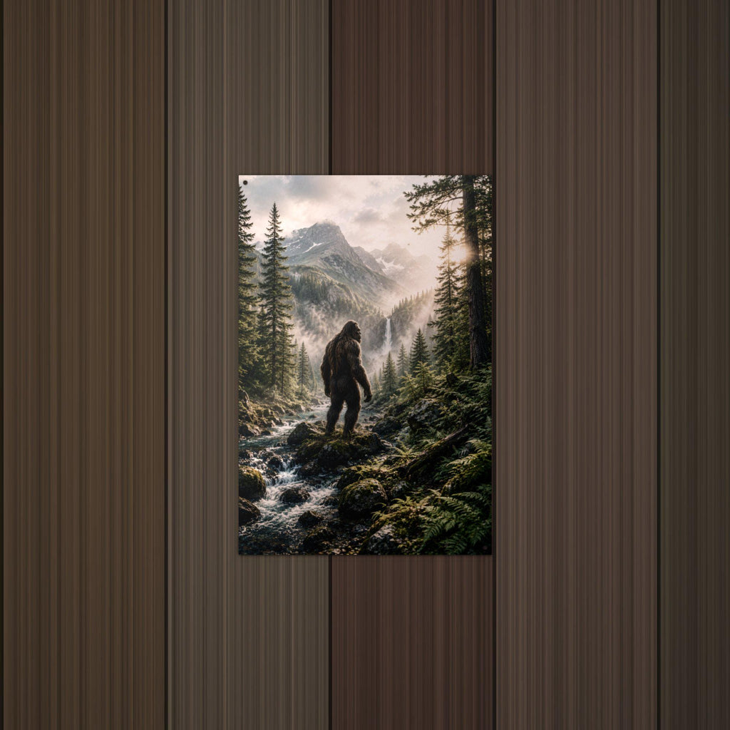 Waterfall Valley Bigfoot Metal Sign Bigfoot Aluminum Sign — lifestyle setting