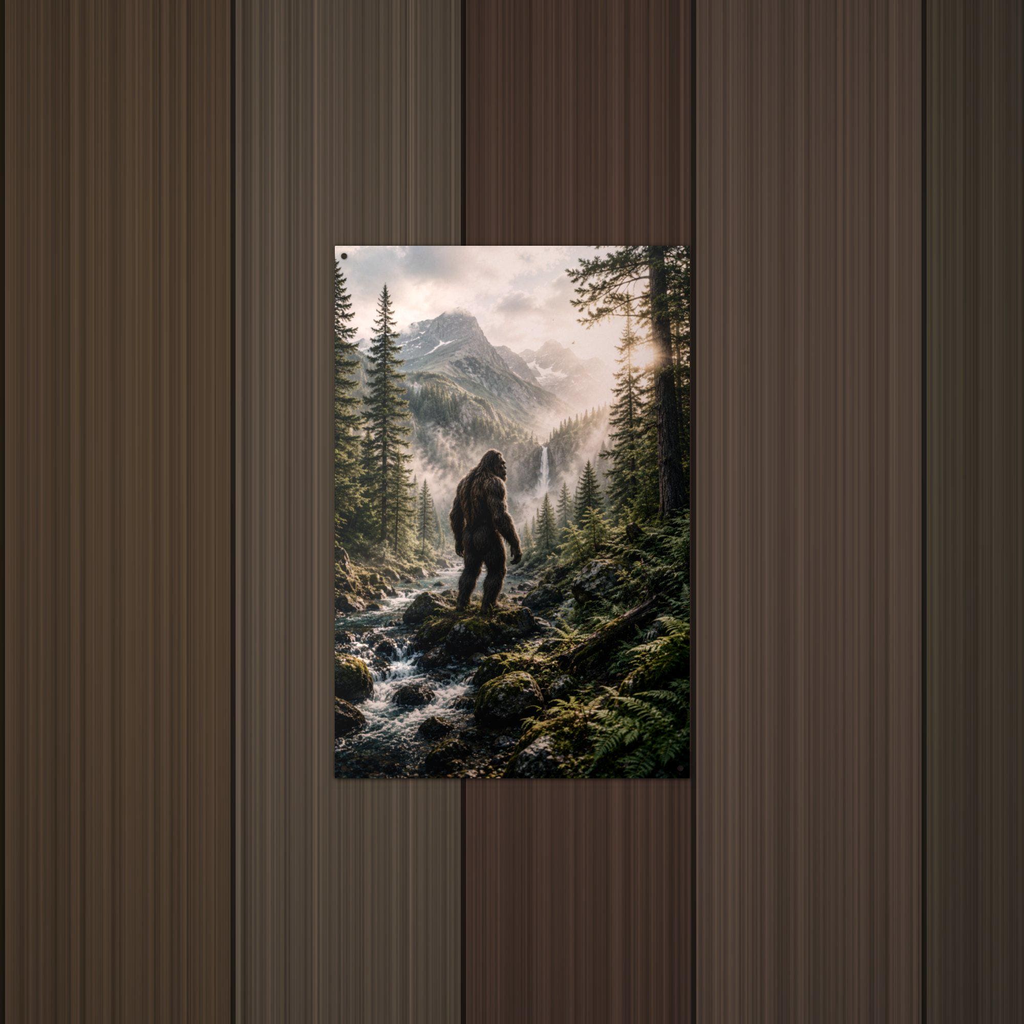 Waterfall Valley Bigfoot Metal Sign Bigfoot Aluminum Sign — lifestyle setting