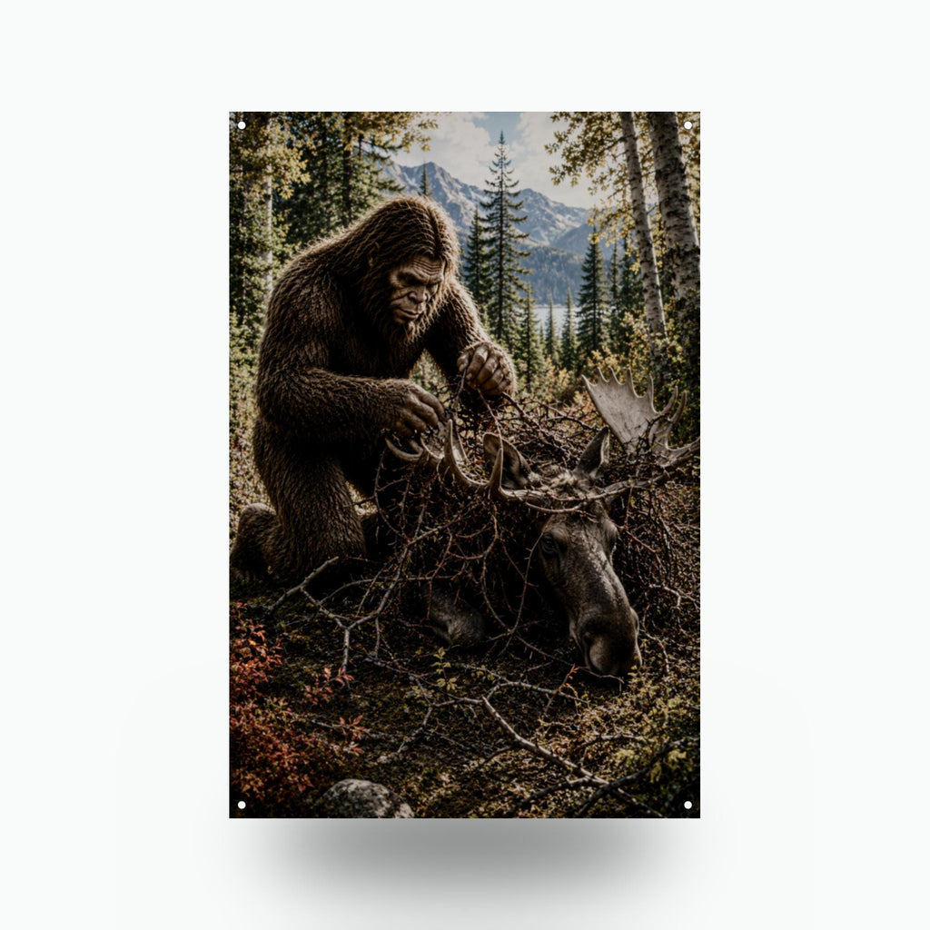 Bigfoot Rescuing Moose Metal Sign Bigfoot Aluminum Sign — front view on white background