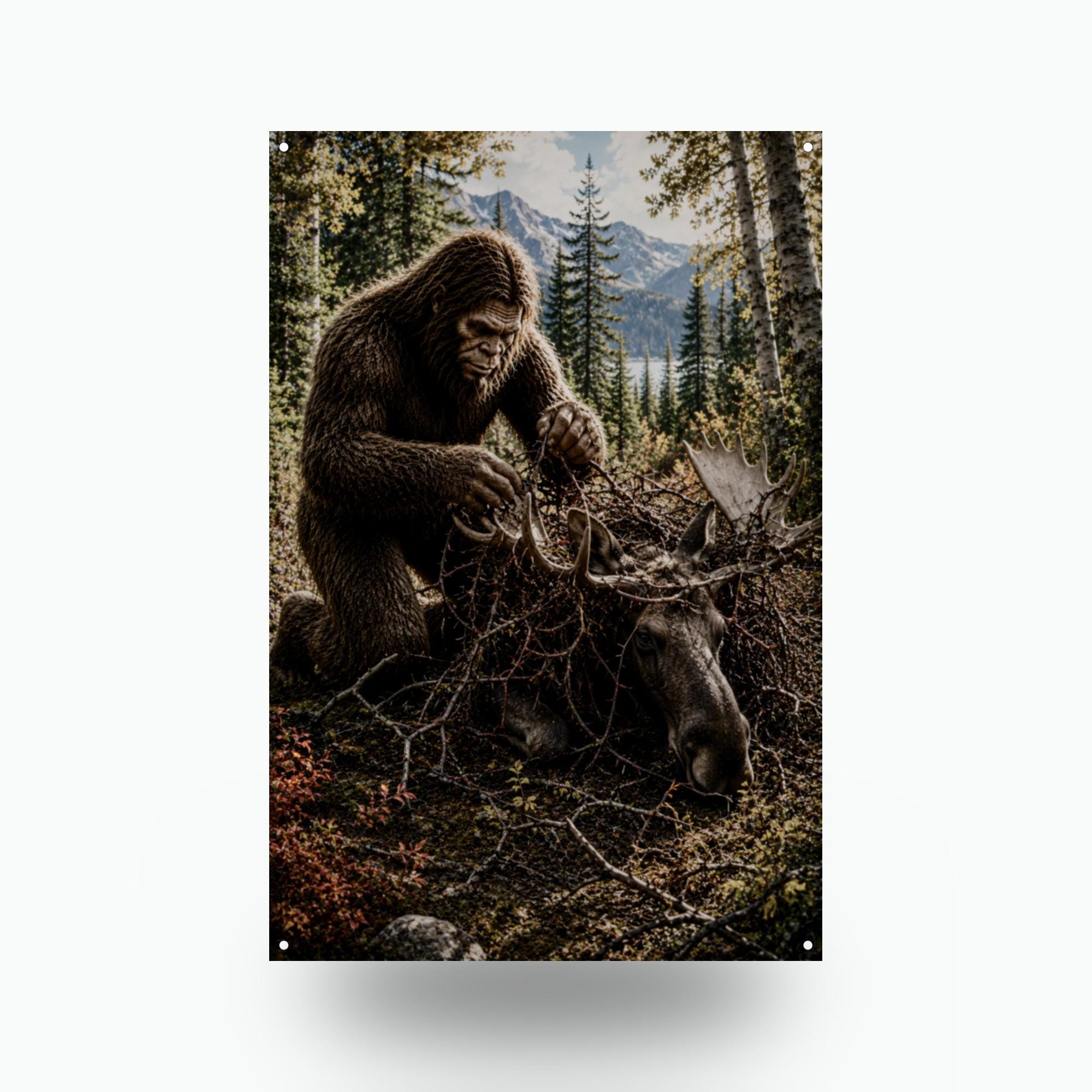 Bigfoot Rescuing Moose Metal Sign Bigfoot Aluminum Sign — front view on white background