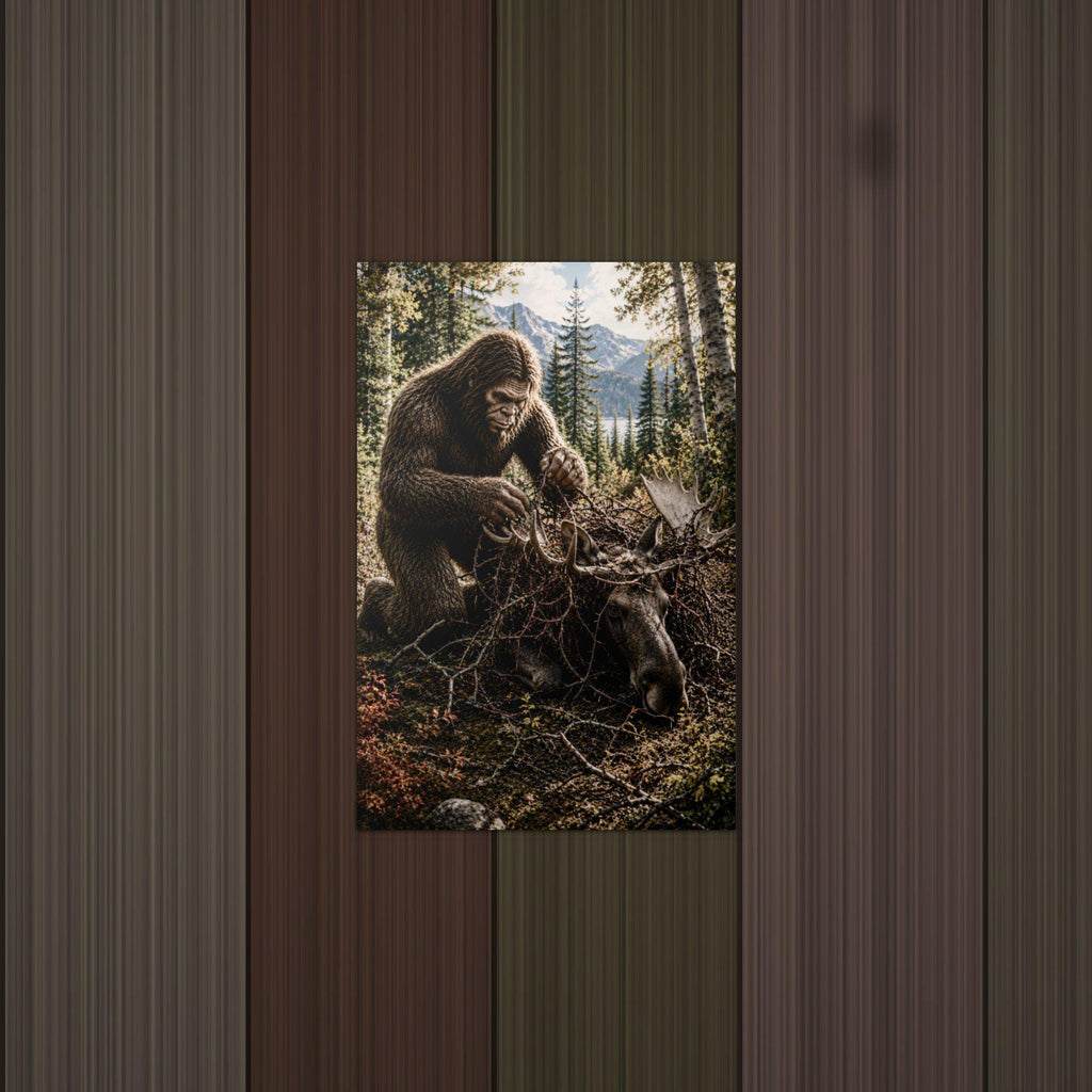 Bigfoot Rescuing Moose Metal Sign Bigfoot Aluminum Sign — lifestyle setting