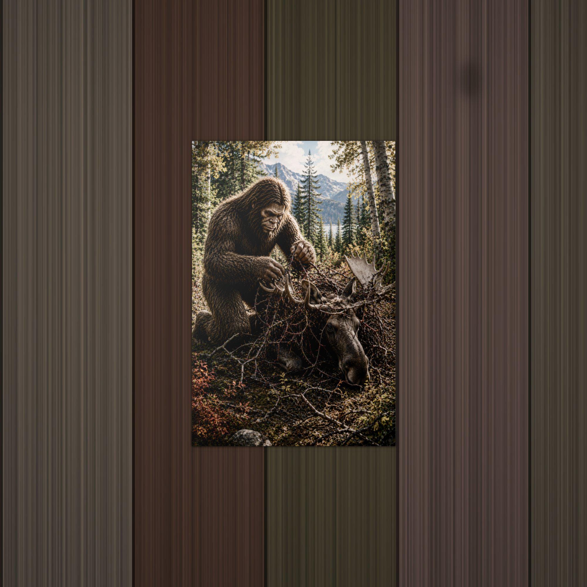 Bigfoot Rescuing Moose Metal Sign Bigfoot Aluminum Sign — lifestyle setting