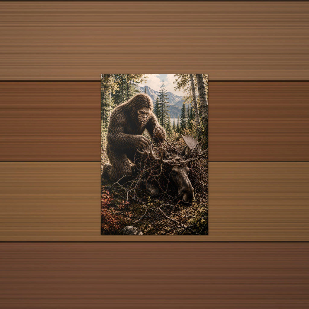 Bigfoot Rescuing Moose Metal Sign Bigfoot Aluminum Sign — detail view